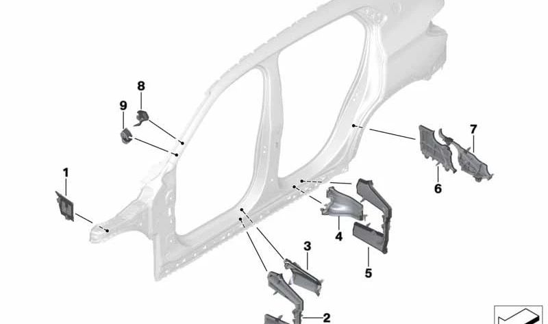 Left inner C-pillar part for BMW X1 F48, F49, X2 F39 (OEM 41009625621). Original BMW.