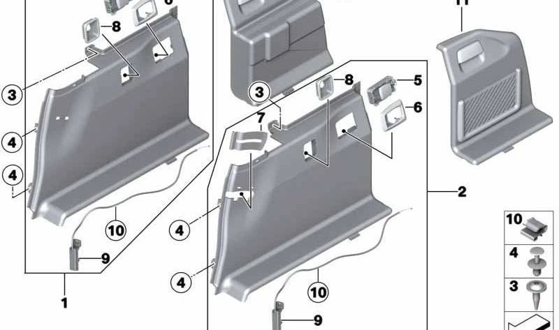 Tapa derecha maletero OEM 51477234729 para BMW F11 y F11N. Pieza original BMW.