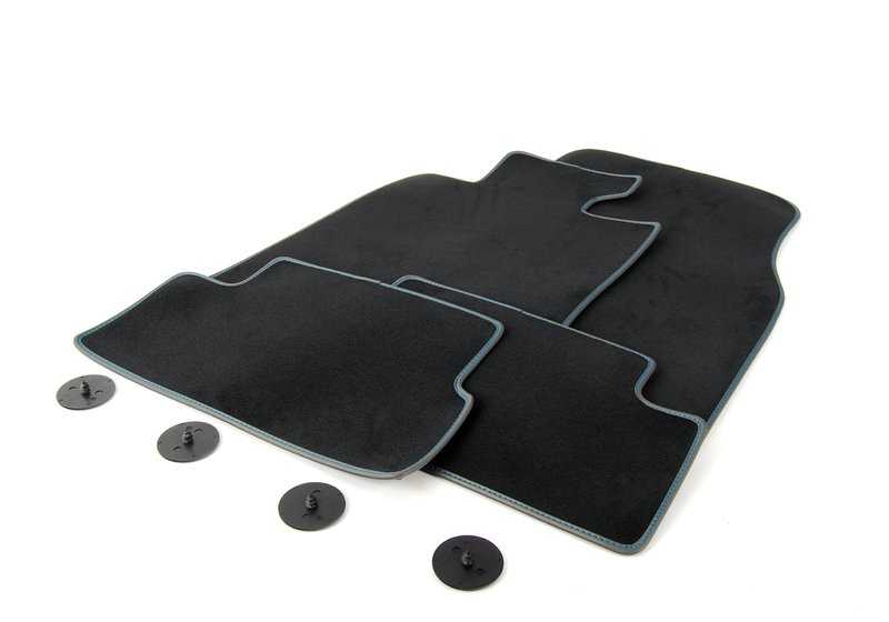 Juego de alfombrillas de moqueta con costura en azul caoba OEM 51477324847 para MINI R56 (Cooper, Cooper S, Cooper D, One) con cambio manual o automático. Original MINI.
