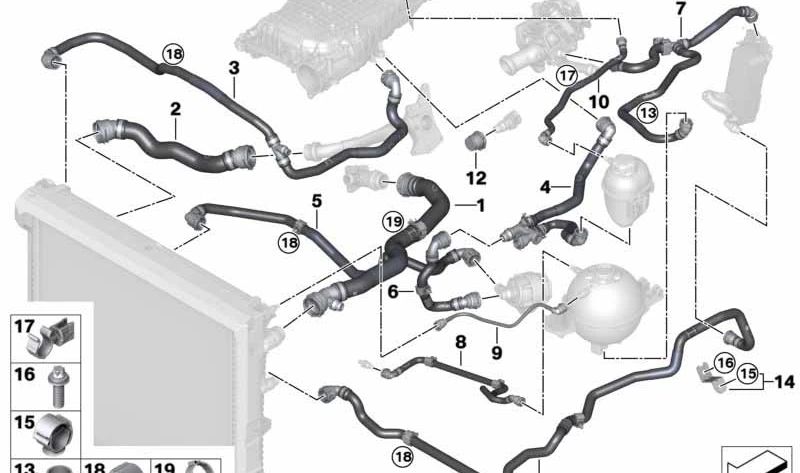 Manguera del depósito de expansión OEM 17129894754 para BMW X3 G01 y X4 G02. Compatible con modelos M40i con motor B58. Original BMW.