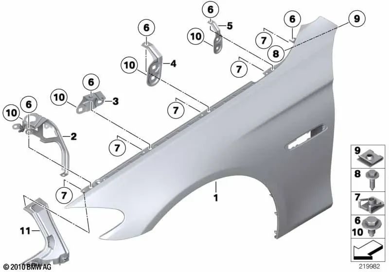 Rechte Seitenwandgestütze für BMW 5 F10 -Serie, F11, F18 (OEM 41357207208). Original BMW