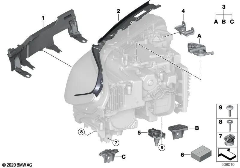 Left Headlight Bracket for BMW F90N, G30N, G31N, G38N (OEM 63119879643). Original BMW
