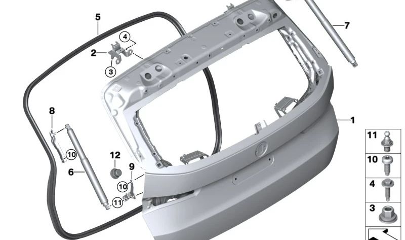 Soporte hidráulico maletero OEM 51249450466 para BMW X1 U11, U12. Sustituye el brazo de apertura del portón trasero. Original BMW.