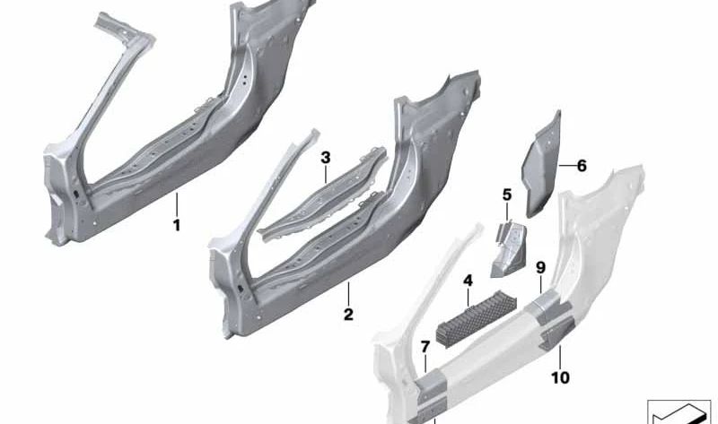 Refuerzo inferior derecho del umbral de puerta OEM 41007393534 para BMW I12, I15. Original BMW.