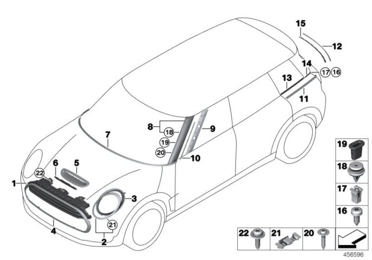 Listón de adorno Splitdoor izquierdo OEM 51137473263 para MINI Clubman F54, F54 LCI. Original MINI.