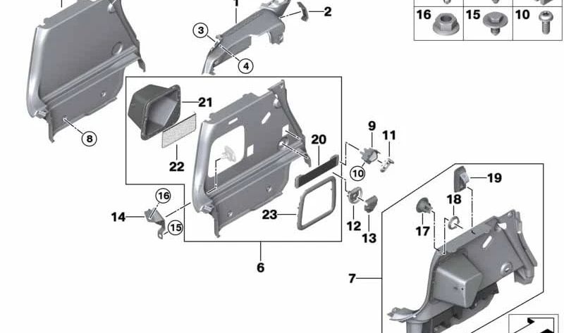 Marco de la bandeja portaobjetos izquierda OEM 51477434531 para MINI Clubman F54, F54 LCI. Original MINI.