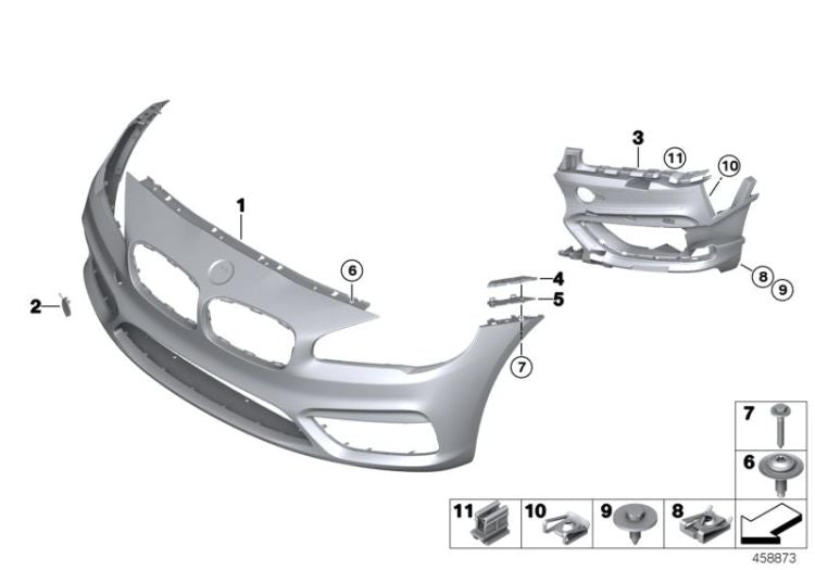 Revestimiento de parachoques delantero imprimado OEM 51117407680 para BMW Serie 2 F45 Active Tourer, F46 Gran Tourer. Original BMW.