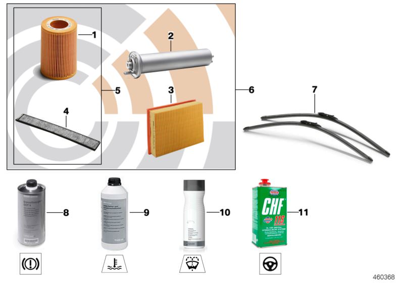 Kit de inspección II OEM 88002349206 para BMW E60, E60N, E61, E61N. Incluye filtros de aceite, combustible, aire y habitáculo. Repuestos originales BMW.