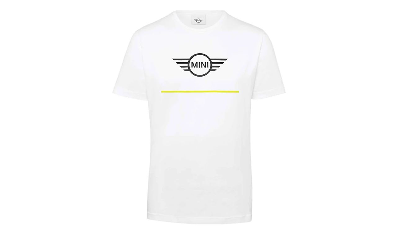 Camiseta Wing Logo CI branca e amarela tamanho L para MINI, número OEM 80145A0A569. Válido para BMW. MINI originais.