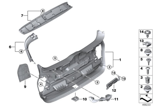 Tampa de proteção do fechamento do tronco OEM 51497415738 para os modelos BMW 2 F46 (214D, 216D) 2015-2022. Peça original da BMW.