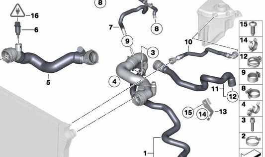 Manguera de refrigerante OEM 17127592440 para BMW F04, E70, E71, E72, E82, E88, E89, F01, F02, F03, F07, F10, F12, F13, F18, F25, F26, F30, F31, F32, F34, F35, F80. Original BMW.