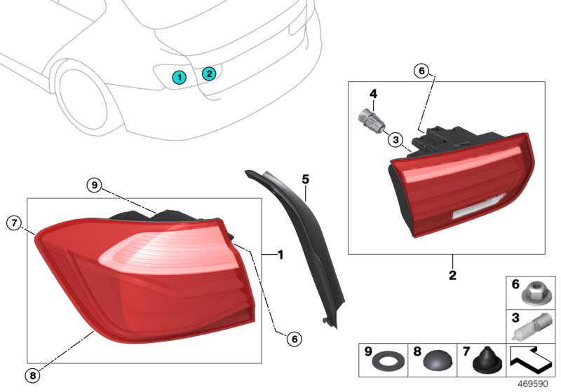 Piloto trasero izquierdo OEM 63217369117 para BMW Serie 3 F30N, F35N, F80N. Luz trasera lateral original BMW. Ideal para reemplazo en vehículos con daño o avería en la óptica trasera izquierda.
