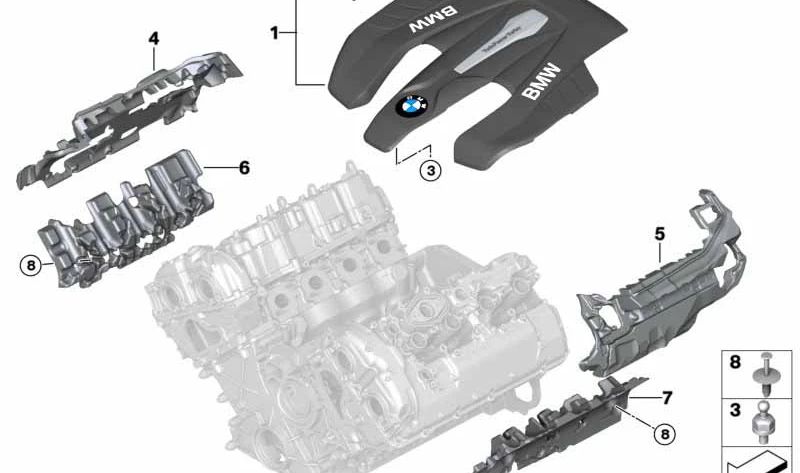 Cubierta insonorizante motor OEM 11148602047 para BMW G30, G11, G12. Pieza original BMW.