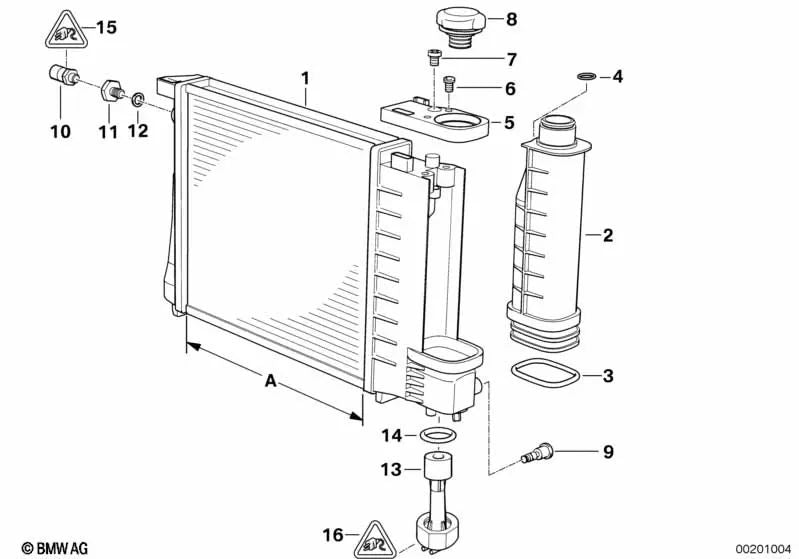 Radiador de agua con enfriador de aceite de la transmisión para BMW Serie 3 E36 (OEM 17111723528). Original BMW