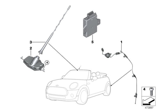 AM/FM/Tel OEM rod antenna 65209338143 for Mini F57 (all models and motorizations indicated). Original mini replacement.