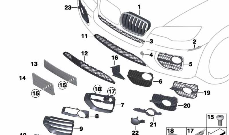 Rejilla inferior central OEM 51117231607 para BMW X6 E71 (xDrive35i, xDrive40d, xDrive40i, xDriveM50d). Compatible modelos 2010-2014. Original BMW.