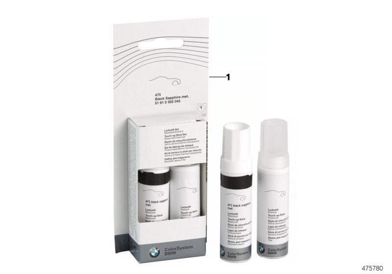 Set de lápiz de pintura Glaciersilber metallic OEM 51910429333 para BMW {E81,E82,E87,E88,E90,E91,E92,E93,F01,F02,F10,F11,F12,F13,F20,F21,F25,F30,F31,F32,F34,F36,F45,F46,G30,G31,X1,X3,X5,Z4}. Original BMW.