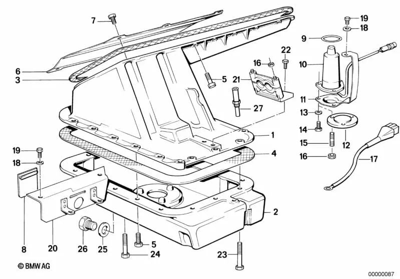 Parte superior del cárter de aceite para BMW E30 (OEM 11131308358). Original BMW.