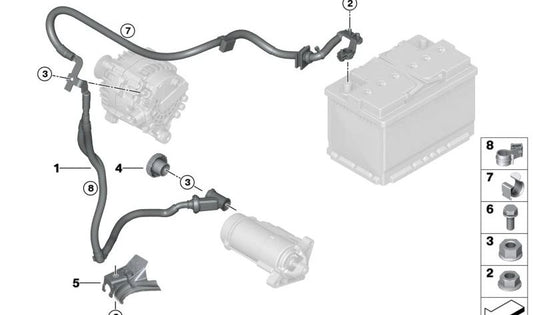 Cable de batería a motor de arranque/generador OEM 12427953074 para BMW {F70, U06, U10, U11} y MINI {F65, F66, U25}. Original BMW y MINI.