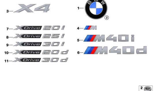 Emblema trasero "X4" OEM 51145A261D3 para BMW (Modelos compatibles: G02). Original BMW.