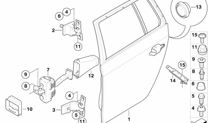 Bisagra inferior trasera izquierda OEM 41527200245 para BMW E60, E60N, E61, E61N. Repuesto original BMW.