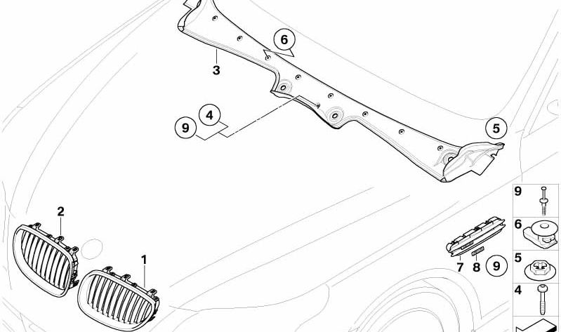 Rejilla lateral delantera derecha OEM 51137896850 para BMW E60, E61. Original BMW.