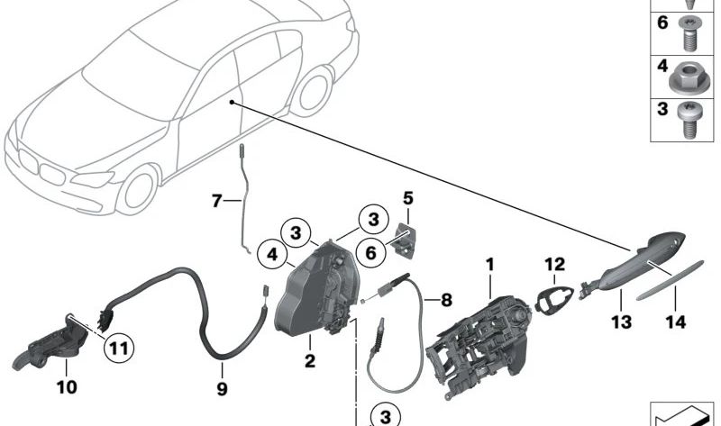 Soporte de puerta con cierre y llave izquierdo OEM 51217227503 para BMW F01, F01N, F02, F02N, F04. Original BMW.