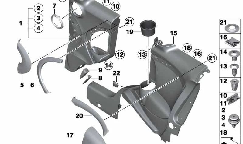 OEM-Befestigungsclip 51419123509 für MINI Clubman R55, R55 LCI, BMW E81, E87 LCI, E82, E88. Original BMW und MINI.