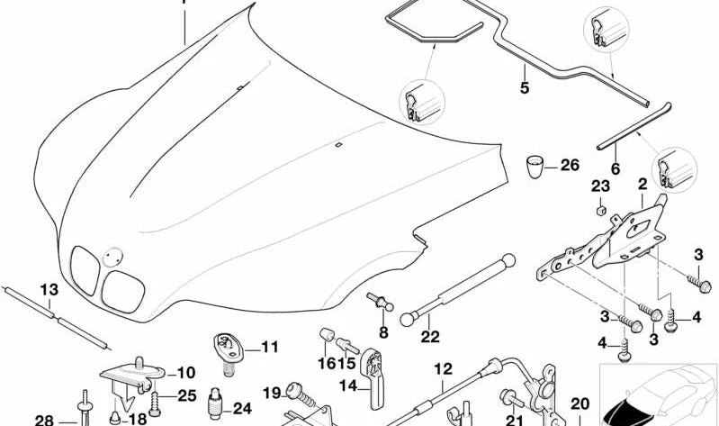 Hook Acotager (Gasfeder) OEM 51238397401 für BMW Z3 E36 {Z3 1,8, 1,9, 2,0 - CJ11, CH71, CH72, CH73, CH81, CH82, CH83, CM11, CM12, CL31}. Original BMW.