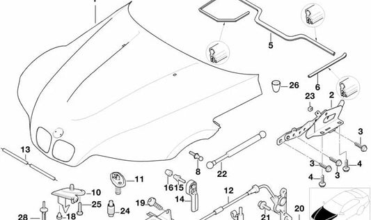 Mecanismo de apertura del capó delantero OEM 51238397989 para BMW E36 y Z3. Original BMW.
