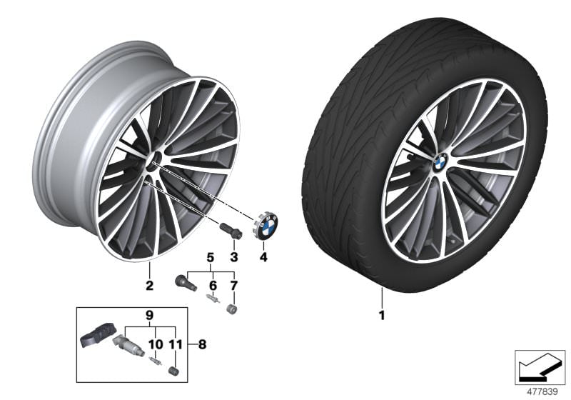 Llantas de aleación diseño V radio 635 OEM 36116863423 para BMW G30 y G31. Color bicolor ferricgrey brillante, medidas 9x19 ET44. Para eje trasero. Original BMW.