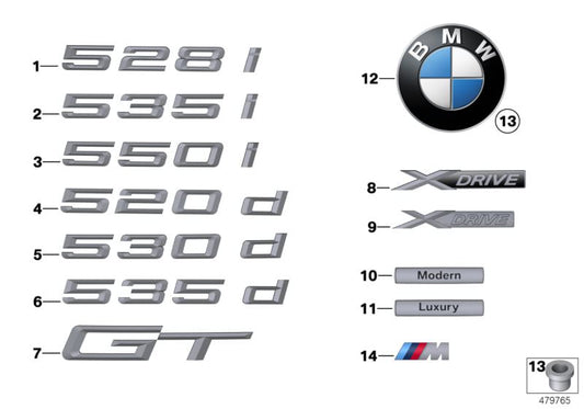 Emblema anteriore con base OEM 51147336450 per BMW F07 (520D, 528i, 530d, 535d) modelli dal 2013 al 2017. BMW originale.