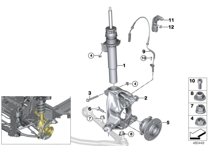 Soporte de rueda delantero izquierdo con corrección de caída OEM 31216859113 para BMW i3 (I01) 60Ah, 94Ah y 120Ah, con y sin Rex. Modelos compatibles: I01 1Z21, 1Z22, 1Z41, 1Z42, 1Z61, 1Z62, 8P21, 8P22, 8P41, 8P42. Original BMW.