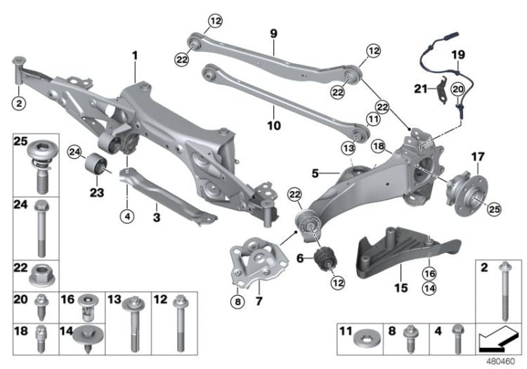 Cubo de rueda trasero con apoyo OEM 33416858086 para BMW F45, F46, X1 F48, X2 F39 y MINI F56, F55, Clubman F54... y más. Original BMW y MINI.
