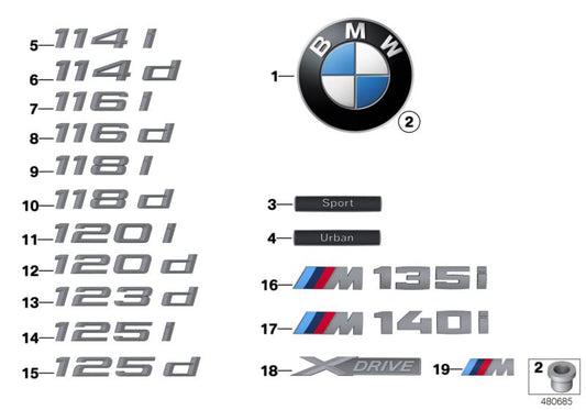 Emblema trasero adhesivo OEM 51148067077 para BMW F20 y F21 (M140i, incluyendo xDrive). Original BMW.