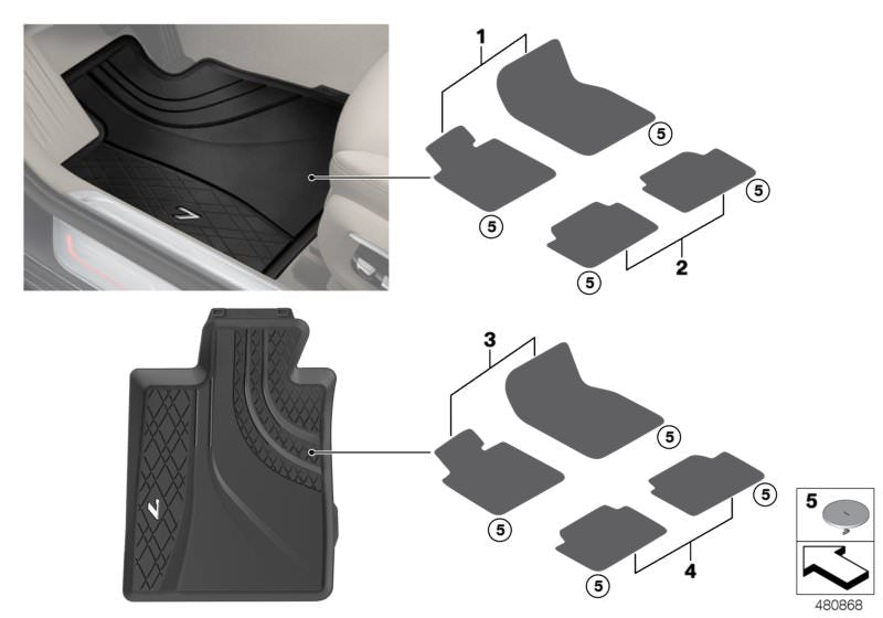 Alfombrillas de goma delanteras RHD OEM 51472444035 para BMW Serie 7 G11 y G12. Compatibles con modelos 725d, 730d, 730i, 740d xDrive, entre otros. Original BMW.