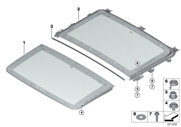 Tapa de vidrio delantero OEM 54108493964 para techo panorámico BMW Serie 5 G31 (2017-2020). Original BMW.