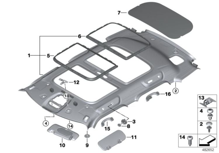 Parasol iluminado derecho Satellite Grey OEM 51167424696 para MINI Countryman F60 (11/2015 - 07/2020), F60 LCI (05/2019 - 02/2024). Original MINI.