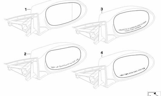 Cristal de espejo retrovisor derecho calefactable con ángulo amplio OEM 51167158310 para BMW E81, E82, E87, E88, E90, E91, E92, E93. Original BMW.