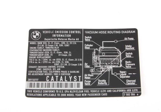 ADHESIVE TAGE EMISSIONS 71227502586 FOR BMW E46, E39. Original BMW.