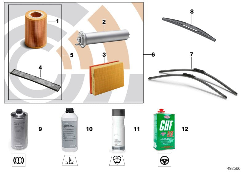 Kit de inspección II OEM 88002349206 para BMW E60, E60N, E61, E61N. Incluye filtros de aceite, combustible, aire y habitáculo. Repuestos originales BMW.