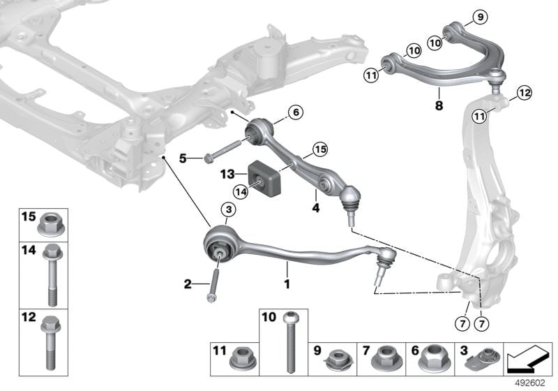 Tirante delantero derecho con silentblock hidráulico OEM 31108866774 para BMW X5 G05 (modelos: 30d, 40d, 40i, 50e) desde 2023. Original BMW.