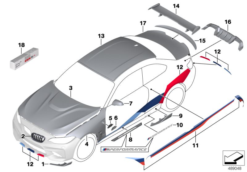 Zierleisten M Performance negras brillo OEM 51712459286 para BMW F87 M2. Mejora estética lateral con diseño deportivo. Original BMW.
