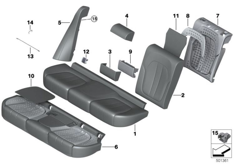 Pieza lateral de cuero derecha OEM 52207941510 para asiento trasero BMW X5 (G05) M50i, xDrive40i, xDrive30d… y más. Original BMW.