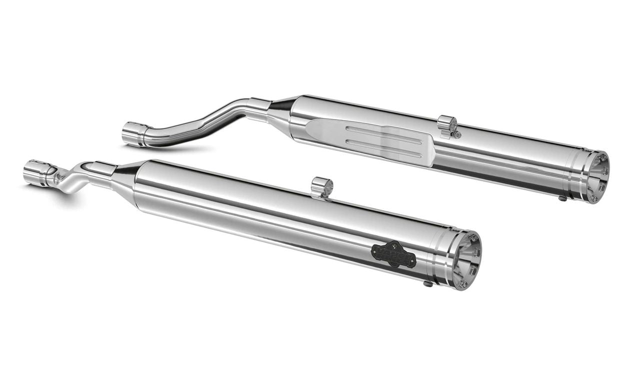 Silenciosos Vance & Hines Round cromados OEM 77119444959 para BMW Motorrad {RK34, K35}. Mejora el sonido del motor y el estilo. Incluye 2 silenciosos, protectores térmicos y herrajes. Original BMW Motorrad.