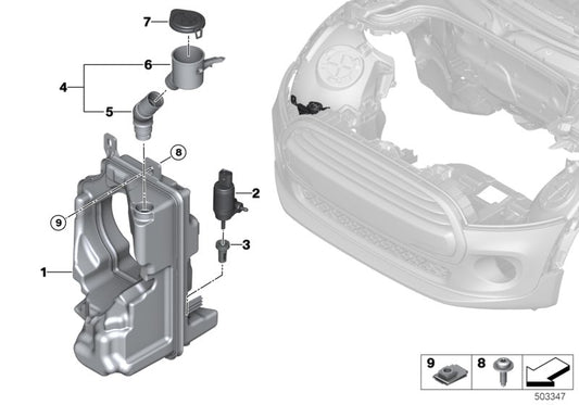 Depósito de líquido limpiaparabrisas OEM 61669478908 para MINI F56, F55, Clubman F54, Cabrio F57... y más. Original MINI.