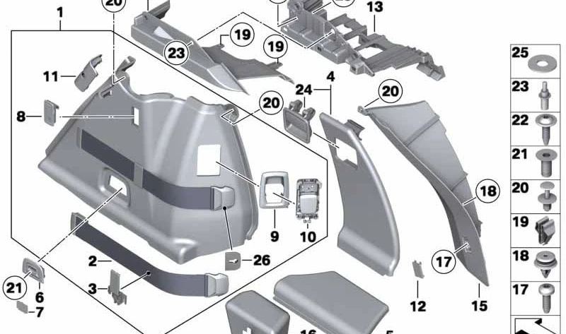 Revestimiento derecho paso de rueda maletero OEM 51479167396 para BMW F07 (520d, 530d, 535d, xDrive). Pieza original BMW.