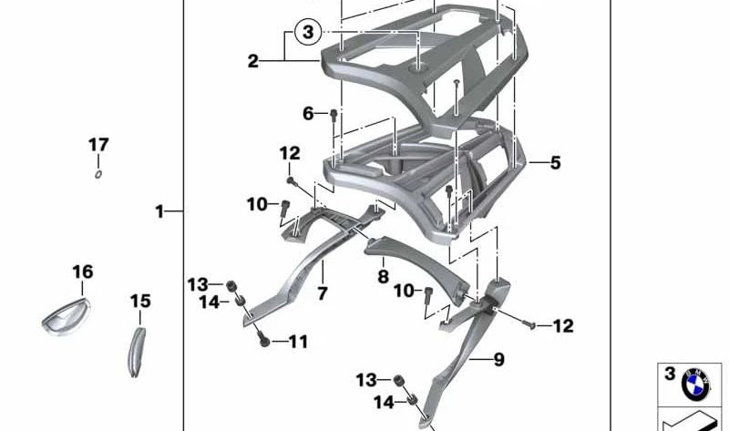 Soporte puente portaequipajes derecho OEM 77448564286 para motos BMW C evolution (K17), C 600 Sport (K18), C 650 Sport (K18). Original BMW Motorrad.