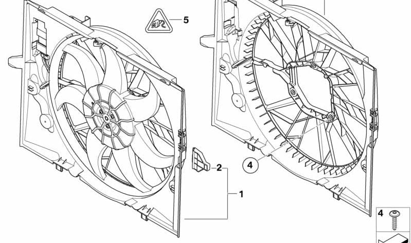 Fan support with Electrovantiler OEM 17427603762 for BMW E60, E61, E63 and E64. Compatible with N46 and N43 engines of 520i. Original BMW.