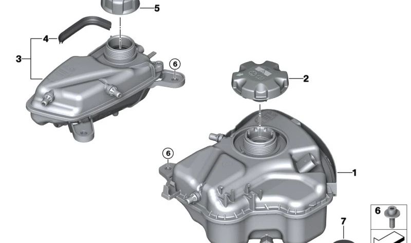 Depósito de expansión OEM 17135A0C0A5 para BMW G90 (Serie 5) y G70 (Serie 7). Recambio original BMW.